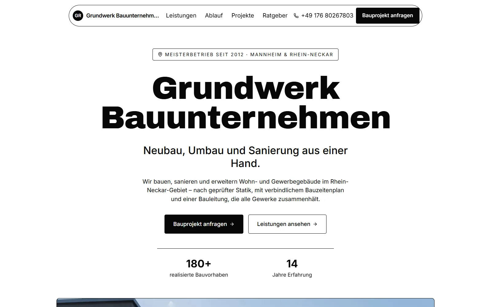 Startseite der Demo-Webseite für Bauunternehmen
