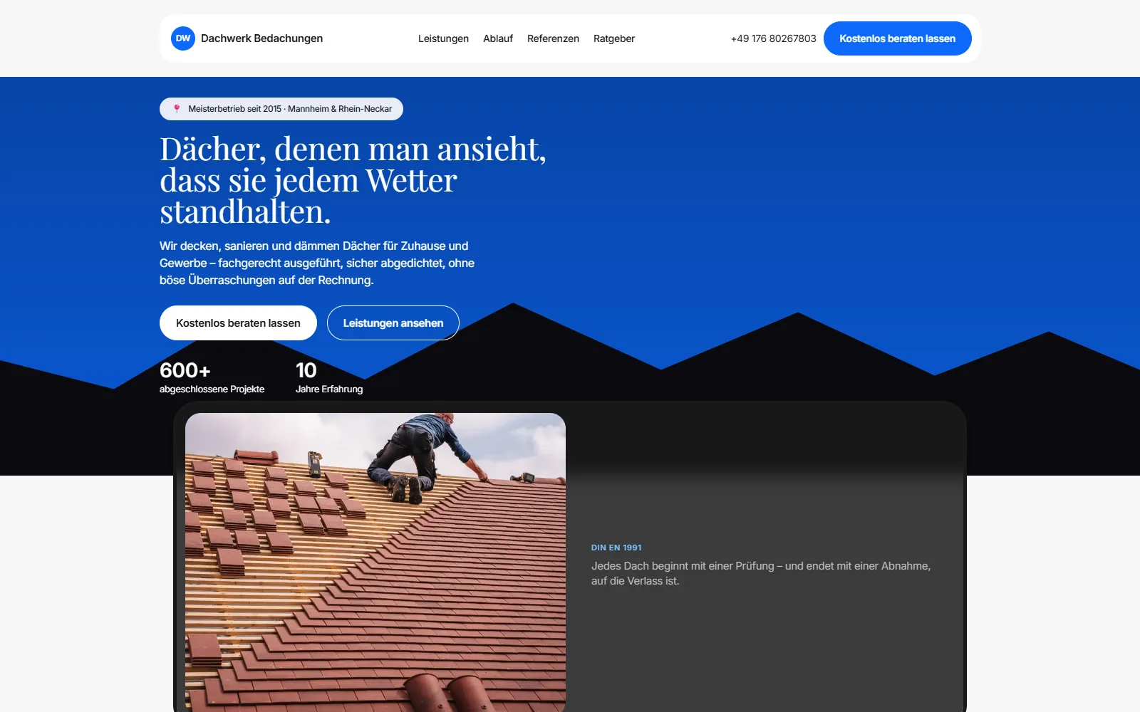 Startseite der Demo-Webseite für Dachdecker