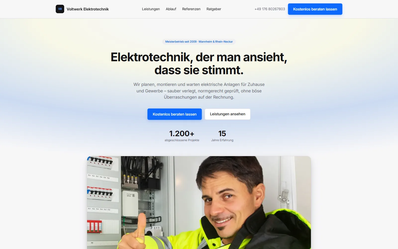 Startseite der Demo-Webseite für Elektriker