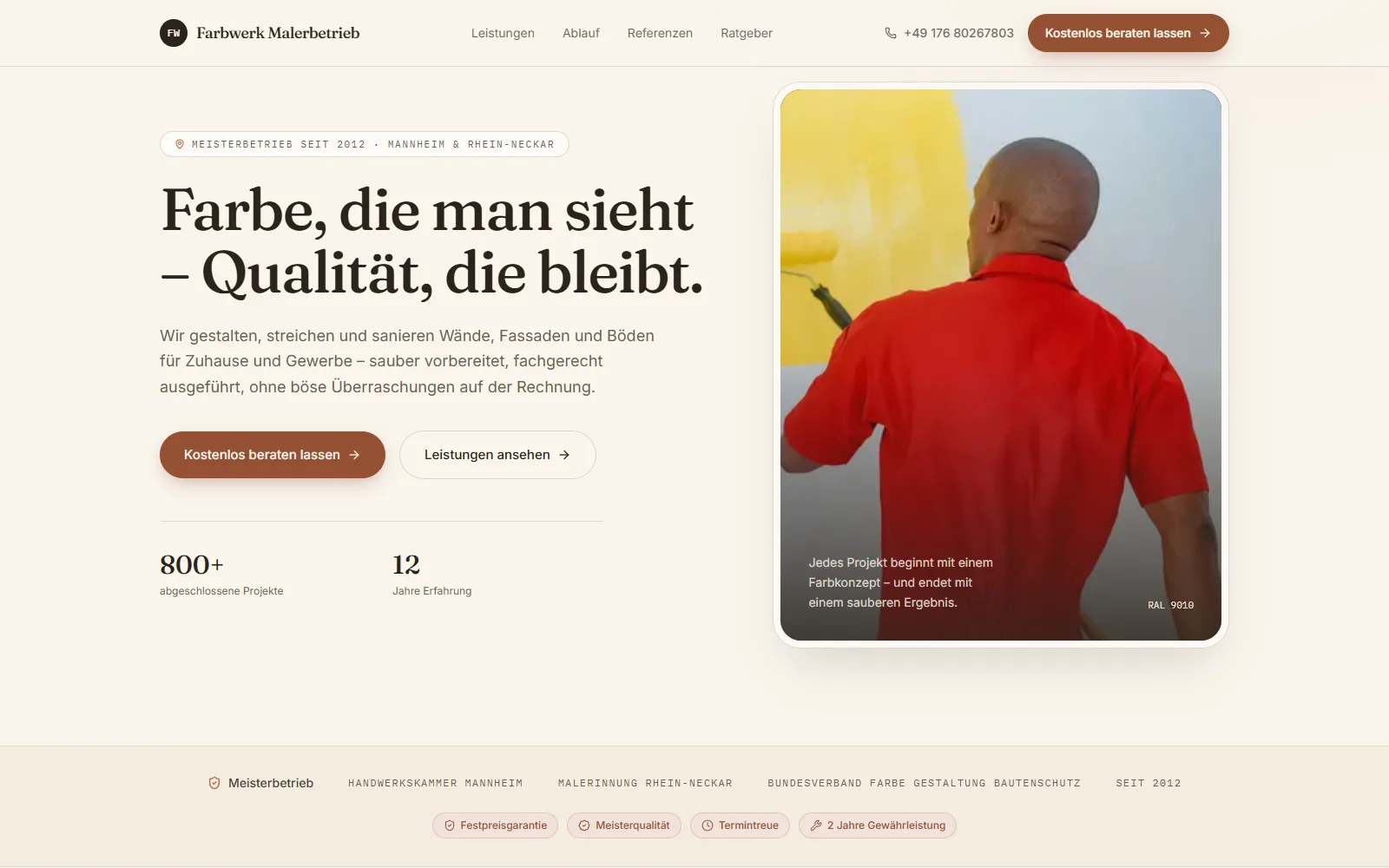 Startseite der Demo-Webseite für Maler