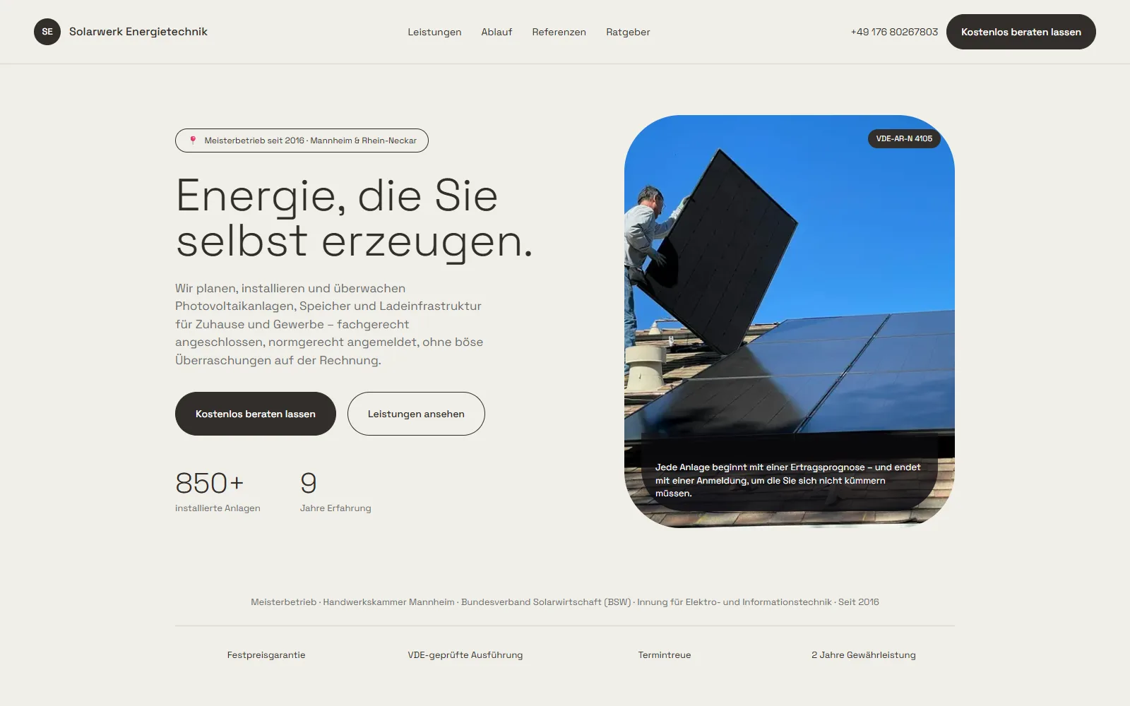 Startseite der Demo-Webseite für Photovoltaik