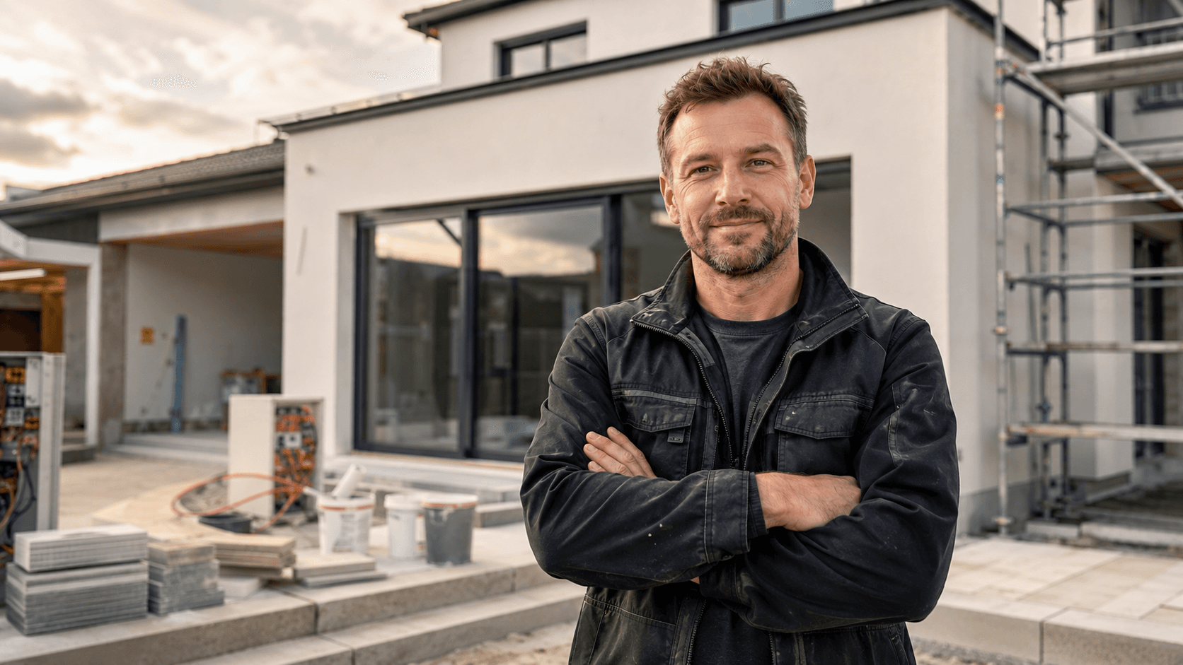 Handwerker vor einem Neubau mit verschränkten Armen