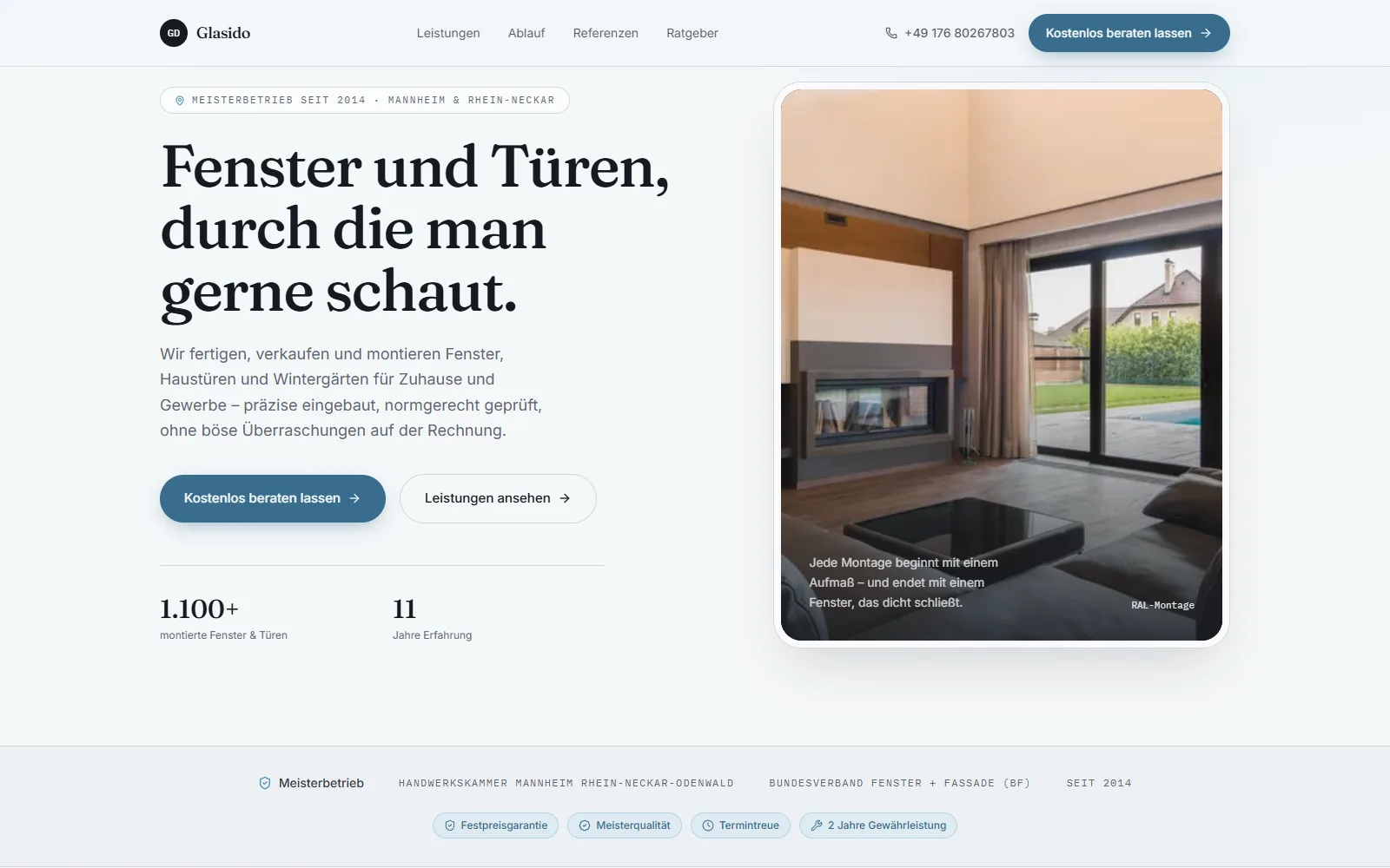 Startseite der Demo-Webseite für Fensterbauer